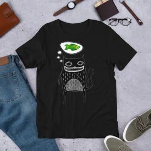 T-shirt Cat and Fish Print Cute Funny Gift