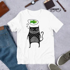 T-shirt Cat and Fish Print Cute Funny Gift