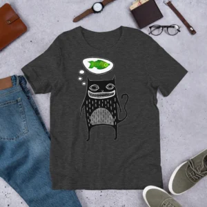 T-shirt Cat and Fish Print Cute Funny Gift