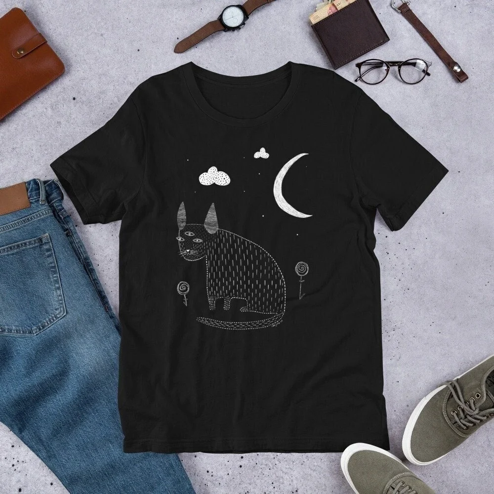 T-shirt Monster Cat Crescent Moon Print Cute Gift T-shirt Monster Cat Crescent Moon Print Cute Gift